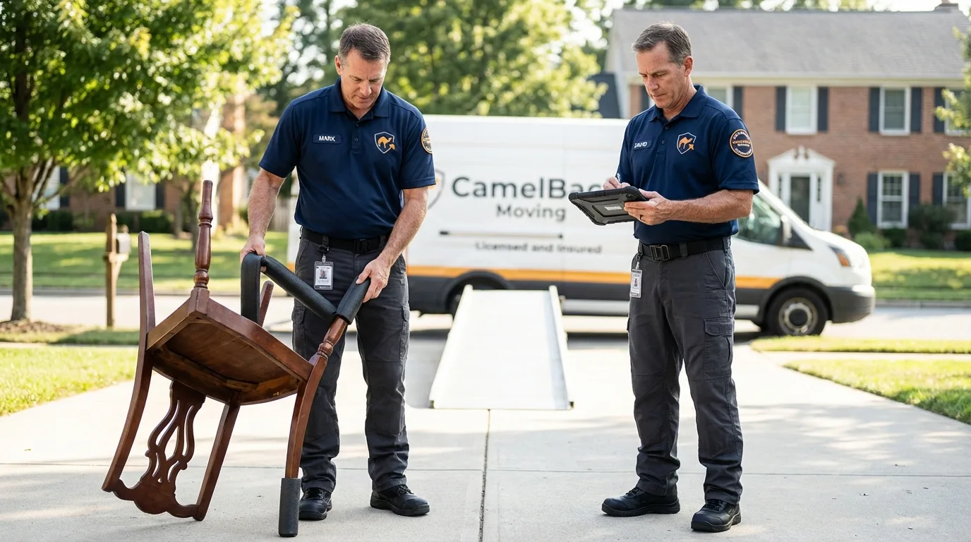 Movers inspecting furniture for damage prevention before loading in Dubuque, IA