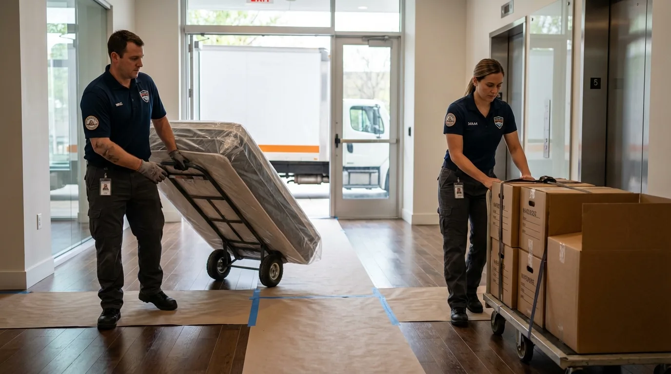 Professional apartment movers loading elevator in Dubuque, IA